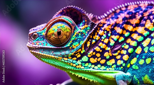 A colorful common chameleon perched on a branch, showing its intricate multi-hued reptilian skin. © ArtLab