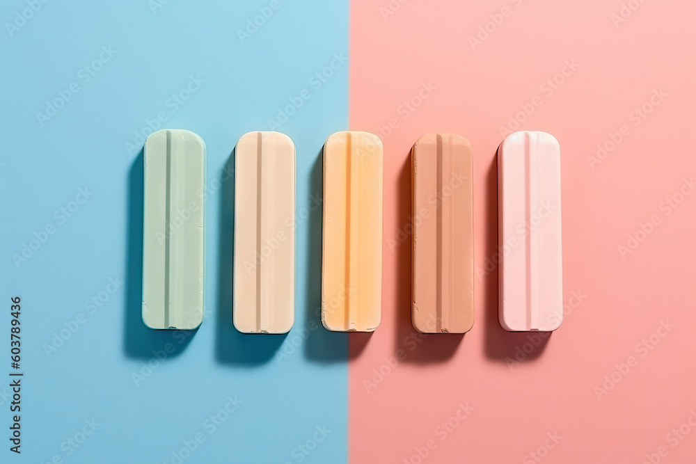 Fototapeta premium Ice cream sticks on pastel colors background, flat lay. Generative AI.