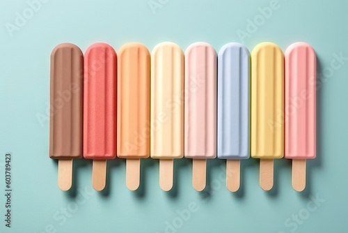 Ice cream sticks on pastel colors background, flat lay. Generative AI.