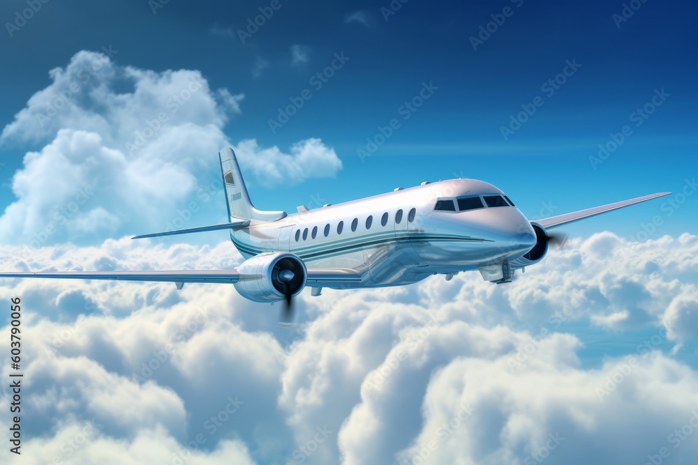 Fototapeta premium Private Jet Soaring Through a Blue Sky with Clouds, Generative AI