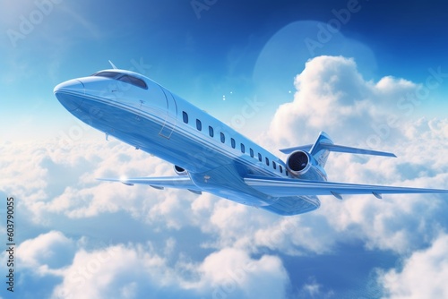 Private Jet Soaring Through a Blue Sky with Clouds, Generative AI
