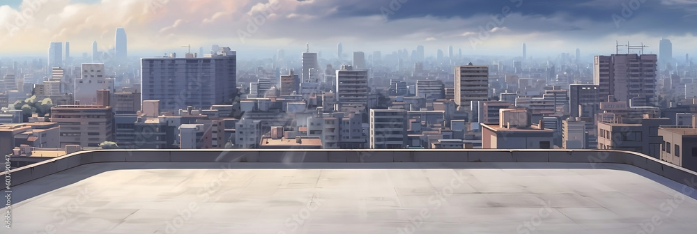 Fototapeta premium A view of a city from a rooftop, minimalistic style, cinematic perspective, urban landscape, anime aesthetic.