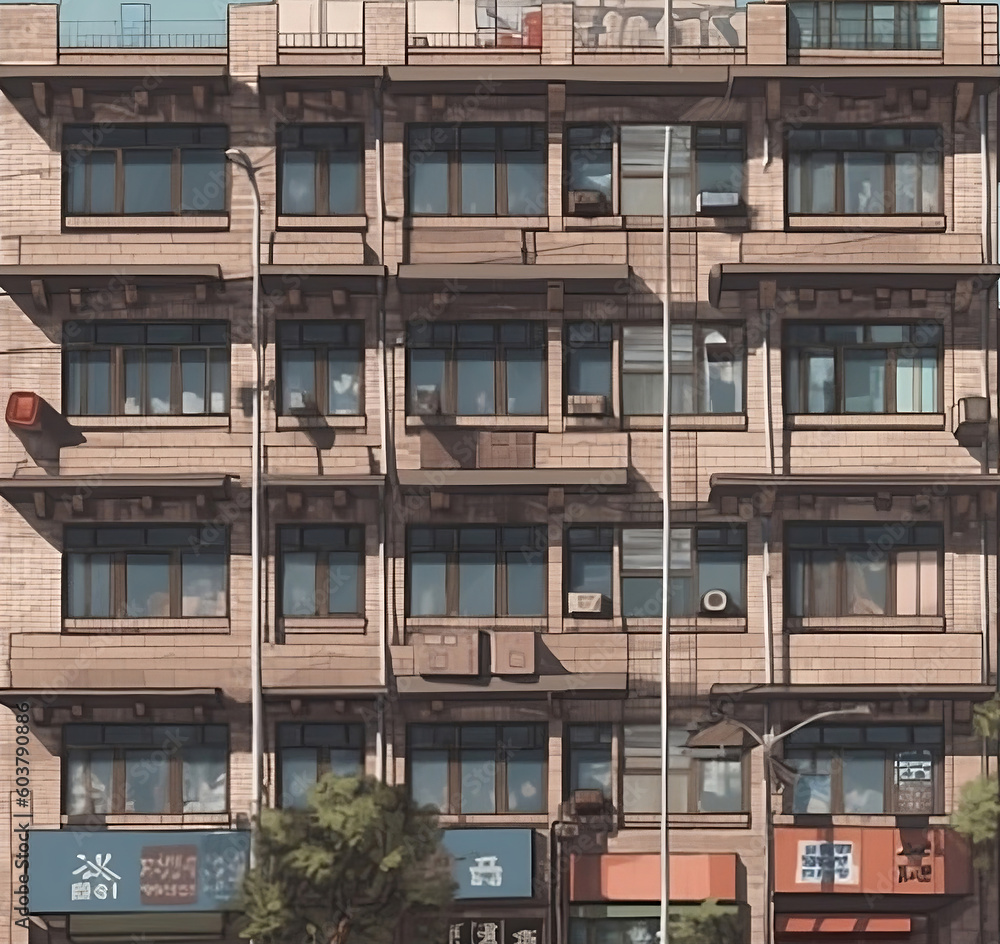 Frontal view of a tall building with many windows next to a street, matte drawing, conceptual art, anime-inspired design.