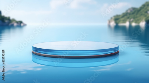 Abstract 3D Display Stand  Glass Podium on Blue Water Background. 3D Display Stand on Blue Water Background with Glass Podium Cosmetic Product Presentation. Generative AI illustration