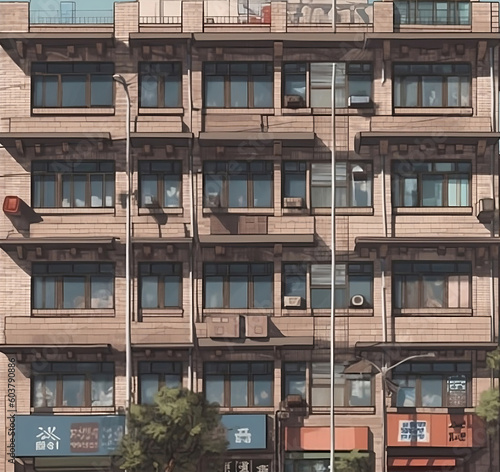 Frontal view of a tall building with many windows next to a street, matte drawing, conceptual art, anime-inspired design. © Maicol