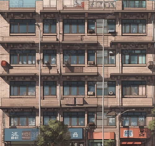 Frontal view of a tall building with many windows next to a street, matte drawing, conceptual art, anime-inspired design.