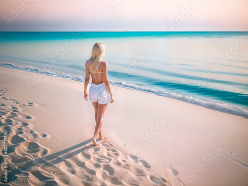 Woman on the beach, sunny day, vacation photo. Generative AI