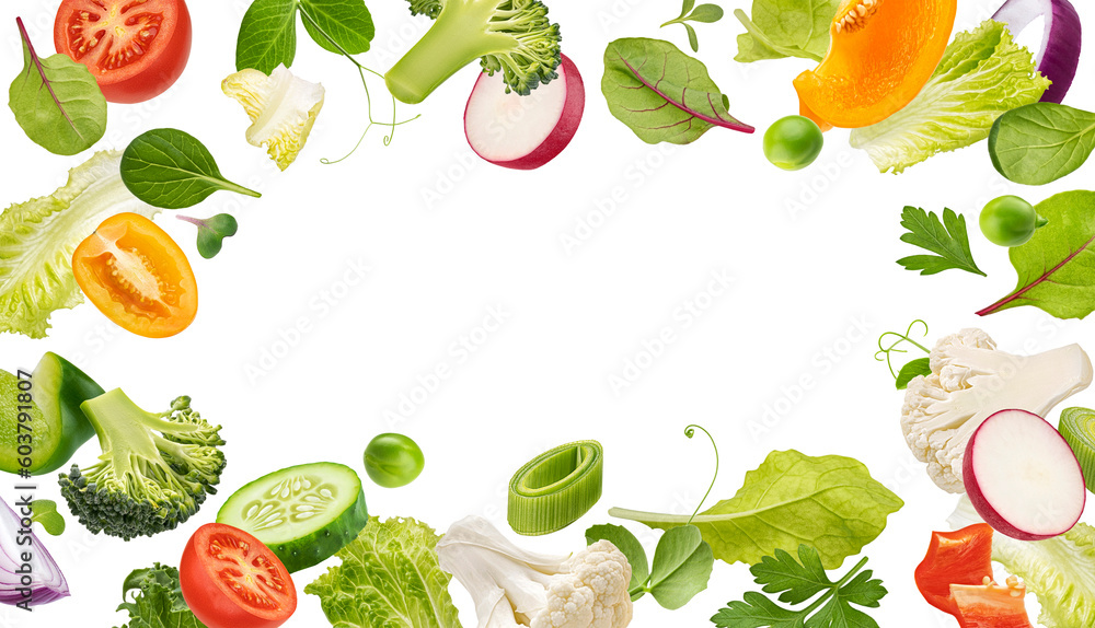 Frame of fresh vegetables, lettuce leaves, healthy ingredients for detox, with copy space Frame of fresh vegetables, lettuce leaves, healthy ingredients for detox, with copy space