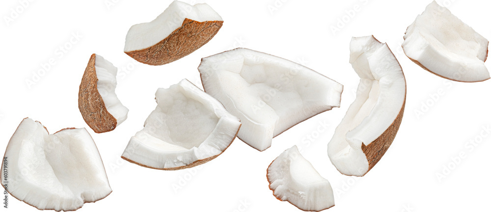 Falling coconuts pieces isolated on white background with clipping path, full depth of field - obrazy, fototapety, plakaty 