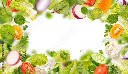 Fototapeta Naklejka Na Ścianę i Meble -  Healthy food ingredients frame, superfood, falling salad leaves and vegetable slices isolated on white background with copy space, mix of fresh lettuce, broccoli, tomato and spinach