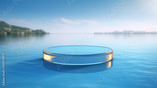 Abstract 3D Display Stand  Glass Podium on Blue Water Background. 3D Display Stand on Blue Water Background with Glass Podium Cosmetic Product Presentation. Generative AI illustration