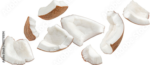 Falling coconuts pieces isolated on white background with clipping path, full depth of field