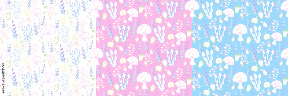Tree variation vector seamless pattern, with mushrooms Tree variation vector seamless pattern, with mushrooms