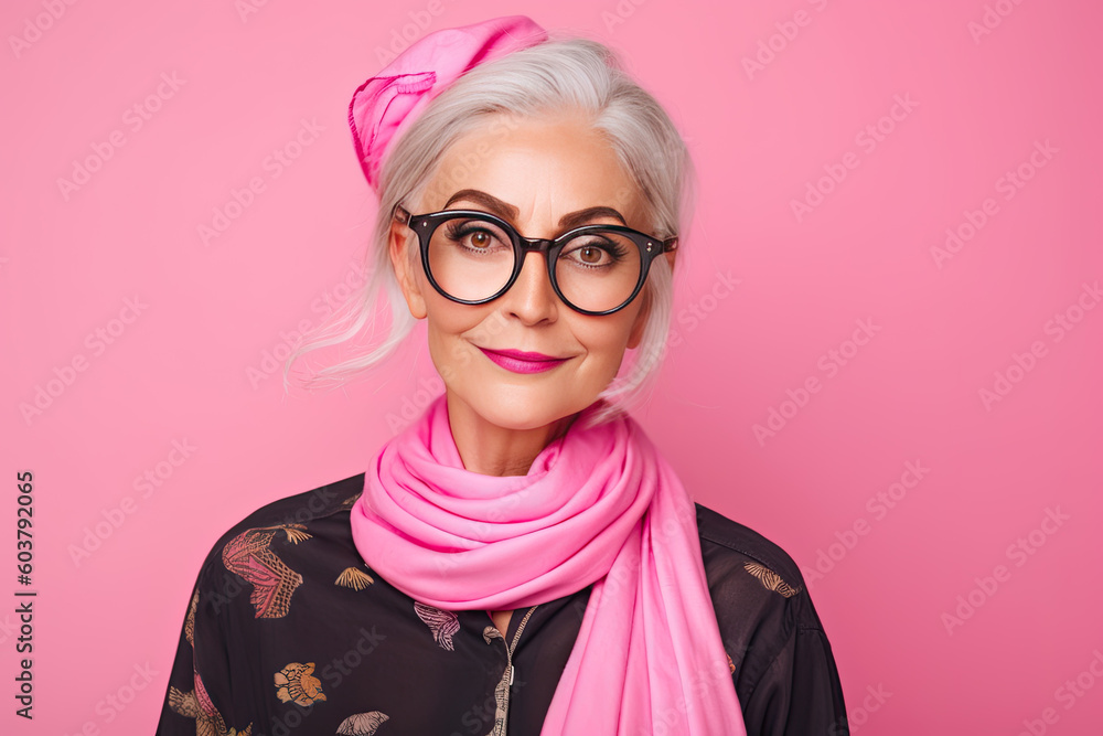 Portrait of mature woman in hipster outfit on color background Generative AI