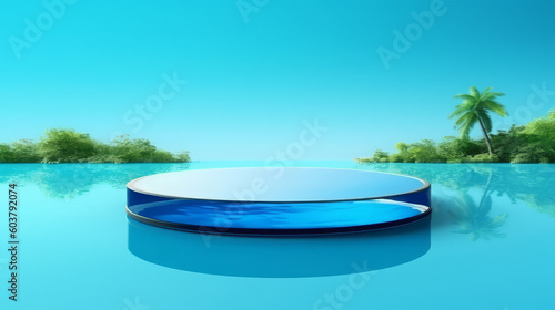 Abstract 3D Display Stand  Glass Podium on Blue Water Background. 3D Display Stand on Blue Water Background with Glass Podium Cosmetic Product Presentation. Generative AI illustration