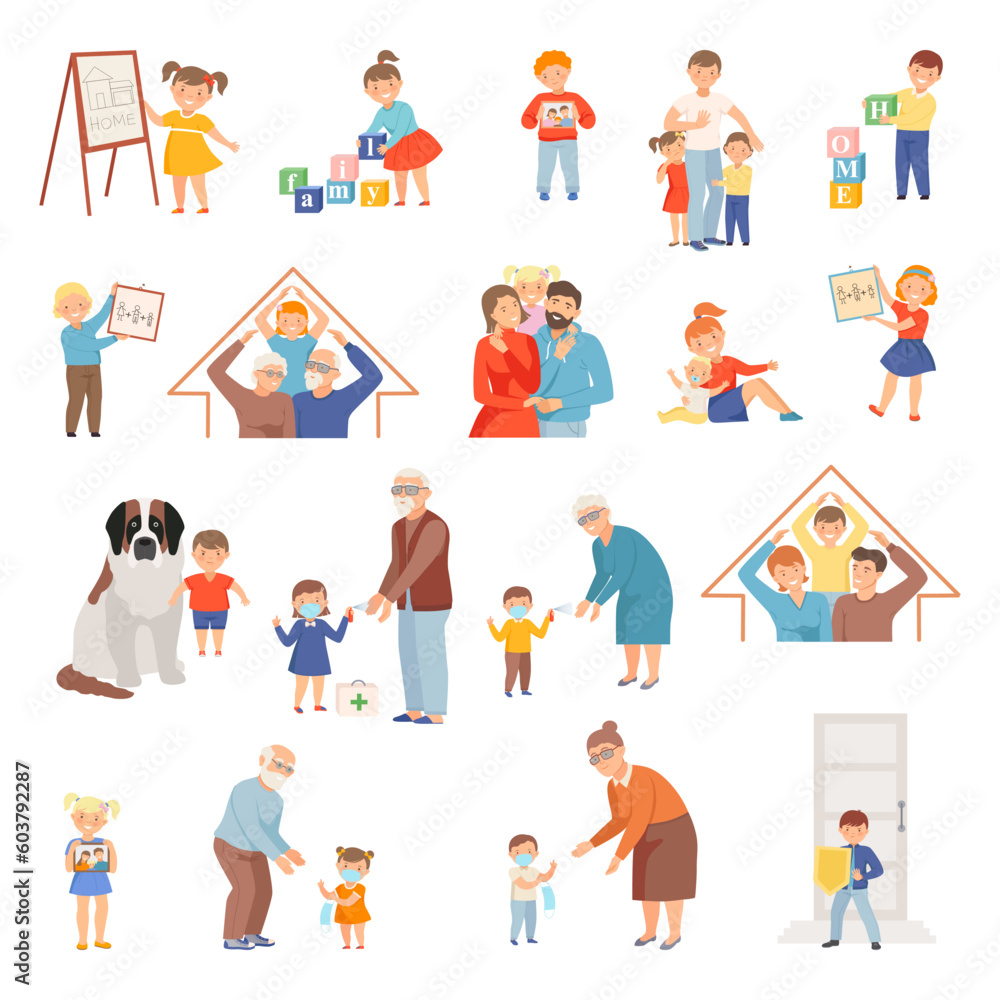 Cute Little Children Loving and Protecting Their Family Members Big Vector Set Cute Little Children Loving and Protecting Their Family Members Big Vector Set