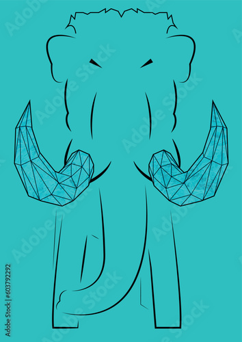 Line Illustration of Mammoth with Big Tusks - Black Aqua, Ice 3D Tusks, Vector.