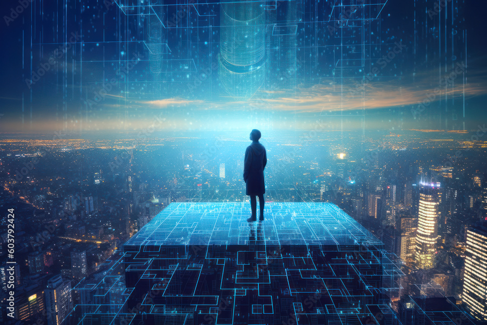 A person standing on top of skyscraper over a futuristic holographic city in cyberspace A person standing on top of skyscraper over a futuristic holographic city in cyberspace