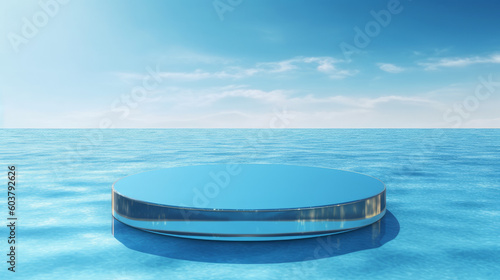 Abstract 3D Display Stand: Glass Podium on Blue Water Background. 3D Display Stand on Blue Water Background with Glass Podium Cosmetic Product Presentation. Generative AI illustration © Максим Зайков