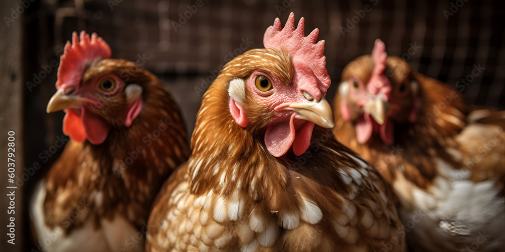 Happy chickens on an organic farm, Generative AI