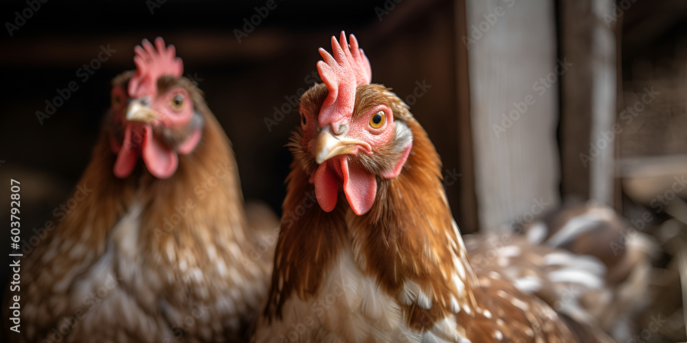 Happy chickens on an organic farm, Generative AI