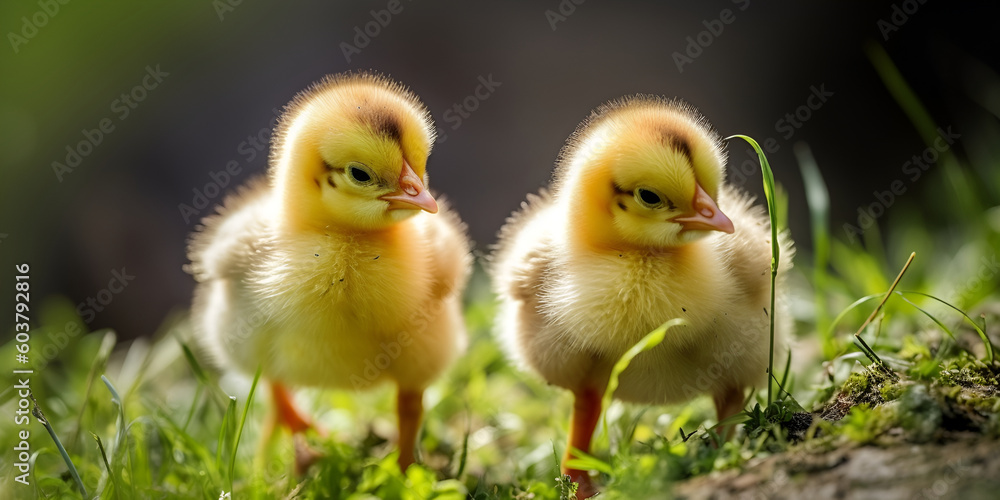 little yellow chickens on a green lawn. Generative AI
little yellow chickens on a green lawn. Generative AI