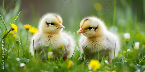Two little yellow chickens on a green lawn. Cute chickens close up