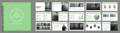 Green presentation slide template with minimal ecological logo and other elements. Corporate branding template.
