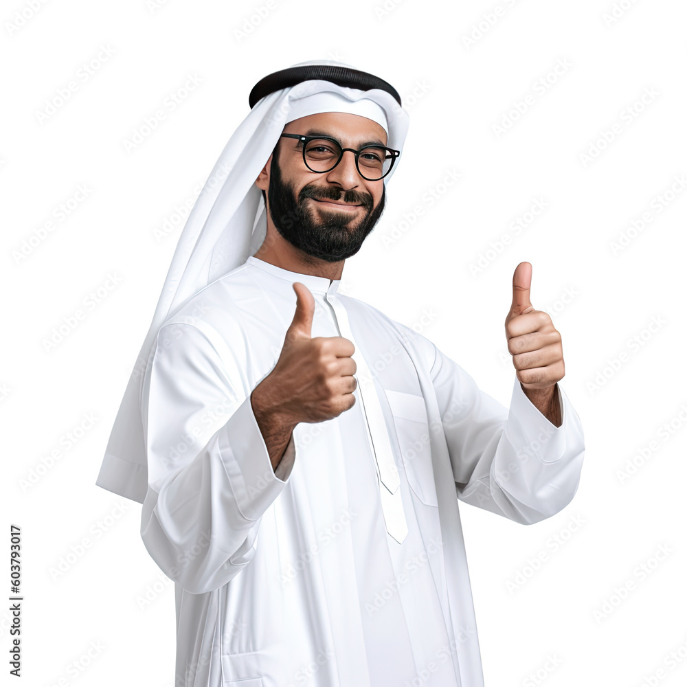 Young handsome Emirati business man in UAE traditional outfit showing thumbs up gesture. Arabic ambitious mature businessman. Generative AI Young handsome Emirati business man in UAE traditional outfit showing thumbs up gesture. Arabic ambitious mature businessman. Generative AI