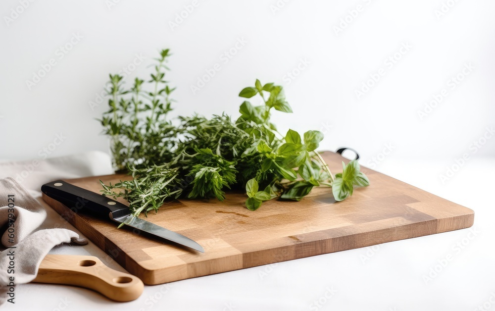 Wood cutting board with linen napkin and plant on marble table with copy space, top view. created with Generative AI technology Wood cutting board with linen napkin and plant on marble table with copy space, top view. created with Generative AI technology