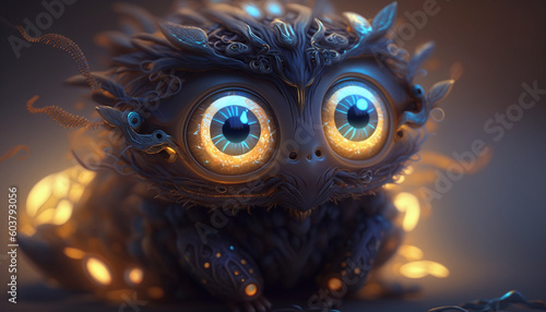 Cosmic Curiosity: An Adorable Illustration of a Glowing Alien Creature with Wide, Black Eyes, Imagined in a Whimsical Style by Generative AI