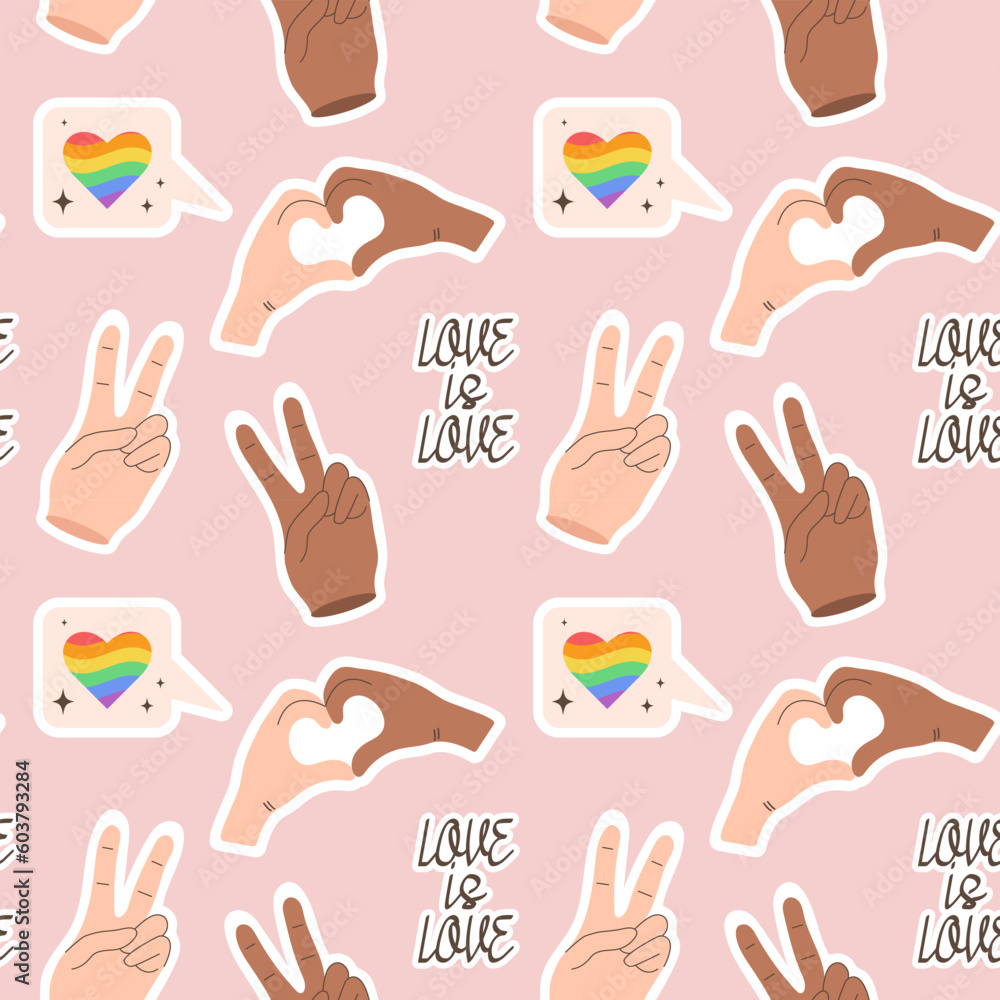 Seamless pattern with LGBTQ community symbols and phrases. Pride month. Retro groovy style Seamless pattern with LGBTQ community symbols and phrases. Pride month. Retro groovy style