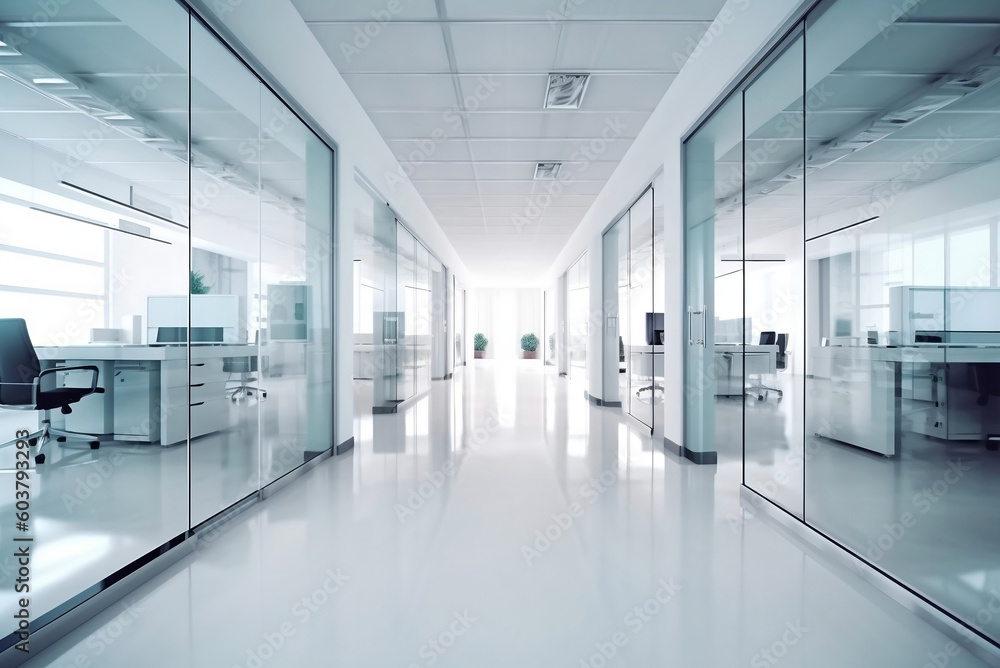 Blurred large modern office workspace in the morning , interior workplace with cityscape for business