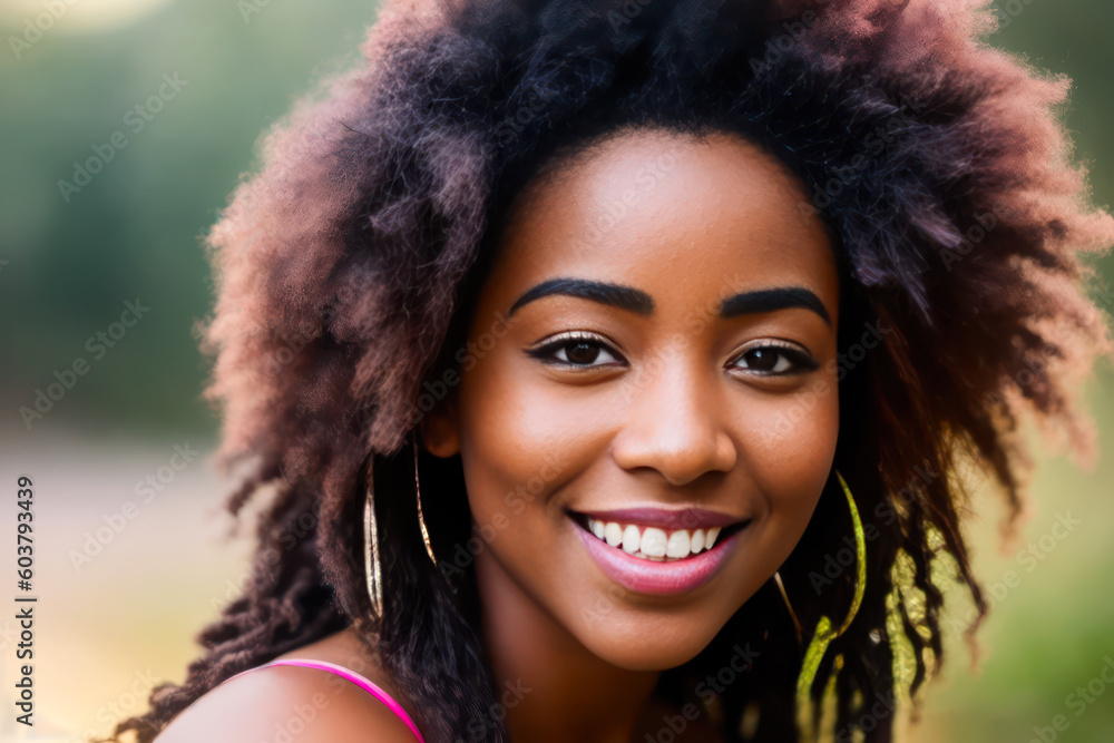 Portrait of young attractive laughing ebony woman laughing outdoors on the tropical beach. Generative AI Portrait of young attractive laughing ebony woman laughing outdoors on the tropical beach. Generative AI