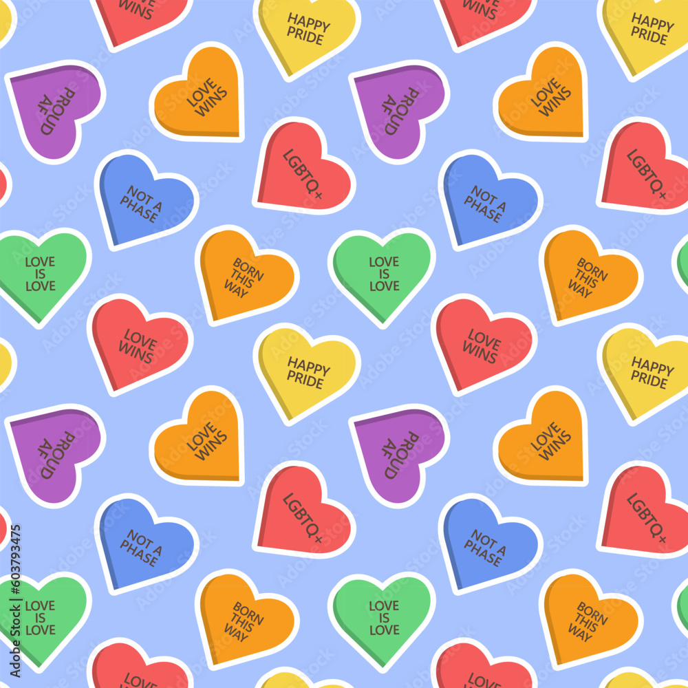 Seamless pattern with LGBTQ community phrases and sayings. Rainbow colored candy hearts. Pride month. Retro groovy style Seamless pattern with LGBTQ community phrases and sayings. Rainbow colored candy hearts. Pride month. Retro groovy style