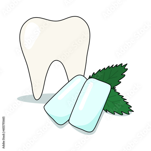 Tooth with mint chewing gum pads, dental care concept, vector