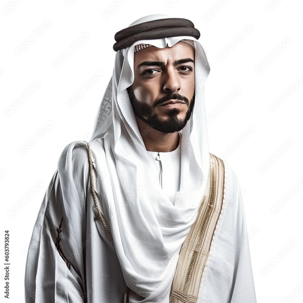 Young handsome Emirati business man in UAE traditional outfit showing a variety of hand gesture. Arabic ambitious mature businessman. Generative AI Young handsome Emirati business man in UAE traditional outfit showing a variety of hand gesture. Arabic ambitious mature businessman. Generative AI
