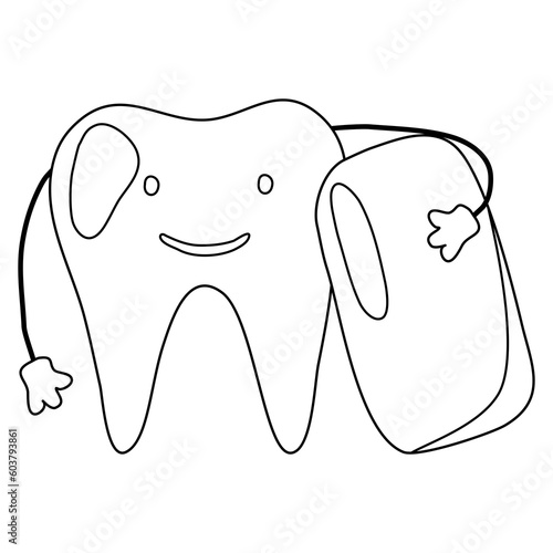 Cute tooth character with mint chewing gum pad, doodle style flat vector outline for coloring book