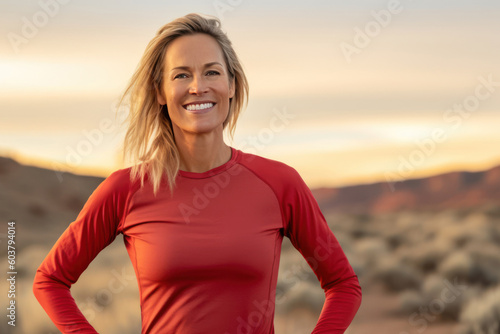 Blonde woman in red top posing in the desert at sunset. Generative AI.