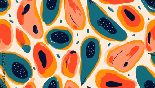 Bright abstract papaya print. Modern hand drawn seamless pattern. Fashionable template for design