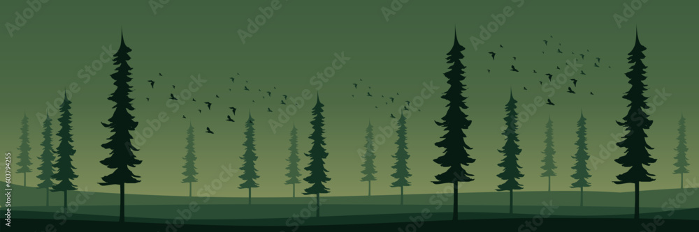 tree silhouette in green mountain landscape flat design vector illustration good for web banner, ads banner, tourism banner, wallpaper, background template, and adventure design backdrop
