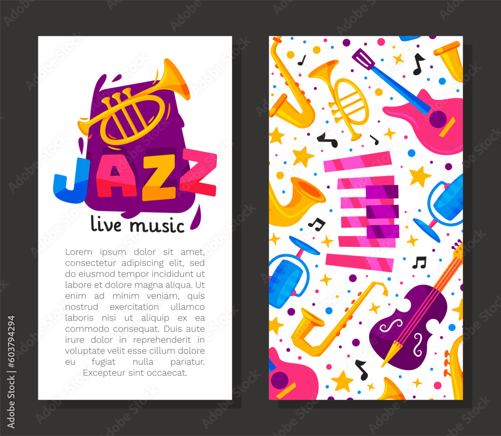Jazz Live Music Banner Design with Bright Musical Instrument Vector Template Jazz Live Music Banner Design with Bright Musical Instrument Vector Template