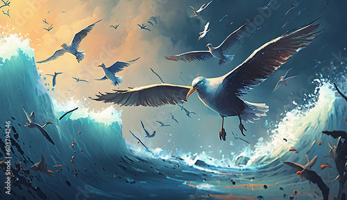Tempest Storm Waves on sea with Flying Birds AI generated © Arabindu
