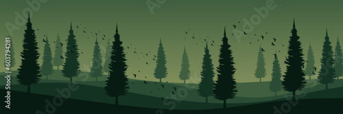 tree silhouette in green mountain landscape flat design vector illustration good for web banner, ads banner, tourism banner, wallpaper, background template, and adventure design backdrop