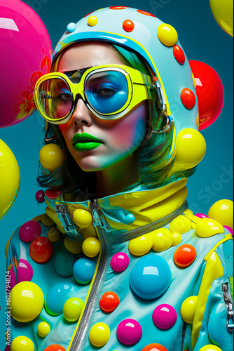 woman and balloons, illustration of a woman dressed in futuristic latex clothing with small colored spheres, image generated with ai