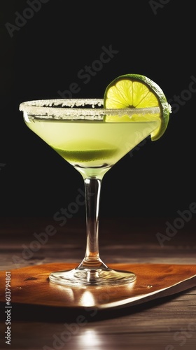 Product shot of margarita cocktail drink on a tray over a wwod table in black background created with Generative AI technology