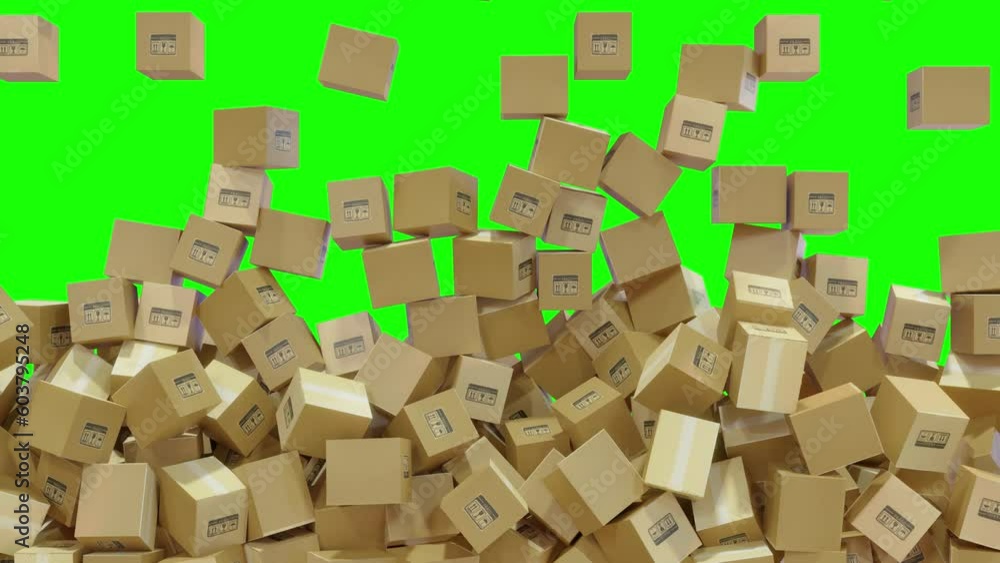 Paper containers boxes on green background. Rapid drop of parcel boxes. 4K UHD 3840x2160 3D render high quality.