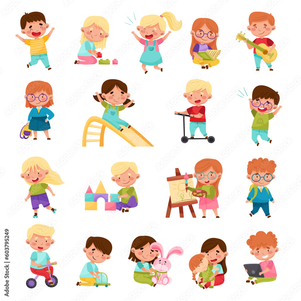Cute Little Boys and Girls Playing Toys and Having Fun Big Vector Set