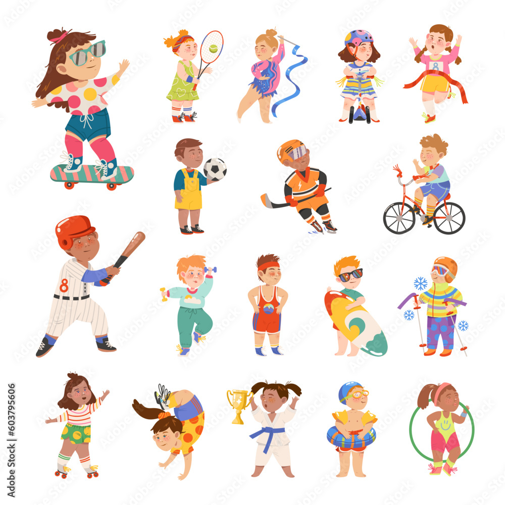 Cute Kids Athlete Engaged in Different Sport Activity Big Vector Illustration Set