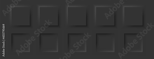 Square buttons in a neomorphic style. A set of user interface design elements in black. Vector illustration.